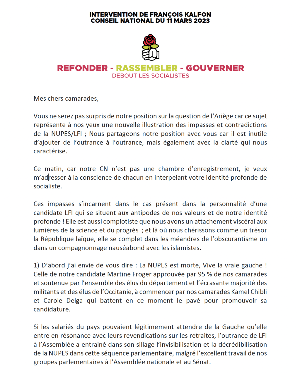 INTERVENTION DE FRANÇOIS KALFON CONSEIL NATIONAL DU 11 MARS 2023