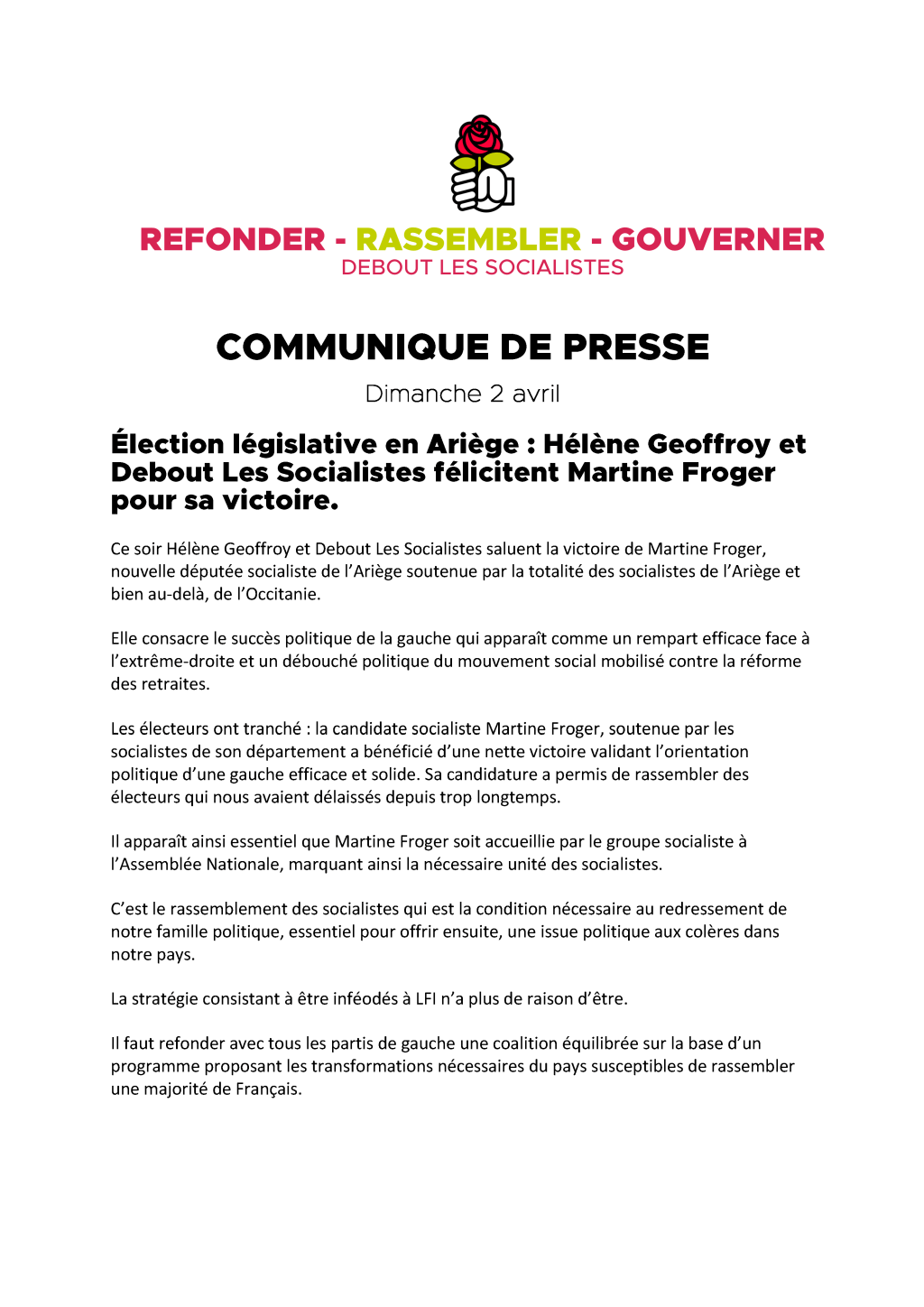 Election législative en Ariège : Hélène Geoffroy et Debout Les Socialistes félicitent Martine Froger pour sa victoire 